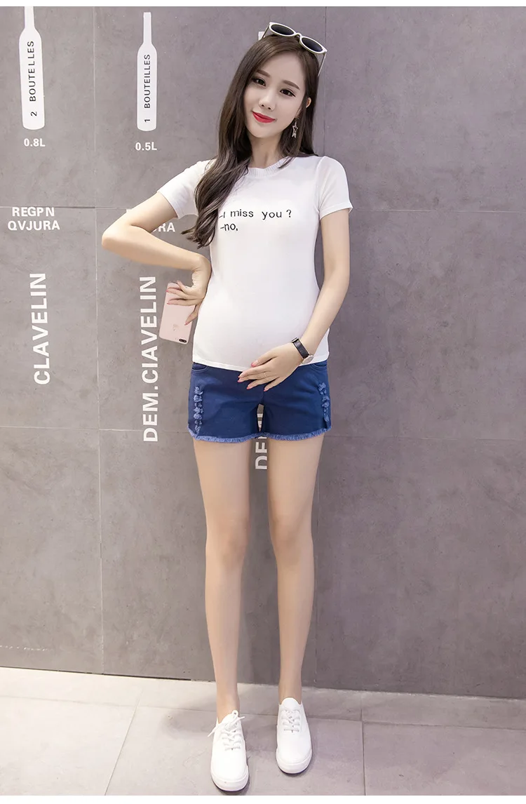 Летнее платье из хлопка для беременных женщин, джинсовые шорты с дырками для беременных, эластичные штаны для беременных