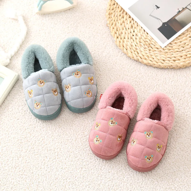 Winter Kids Home Slippers Shoes Children Suede Plaid Cotton Slippers