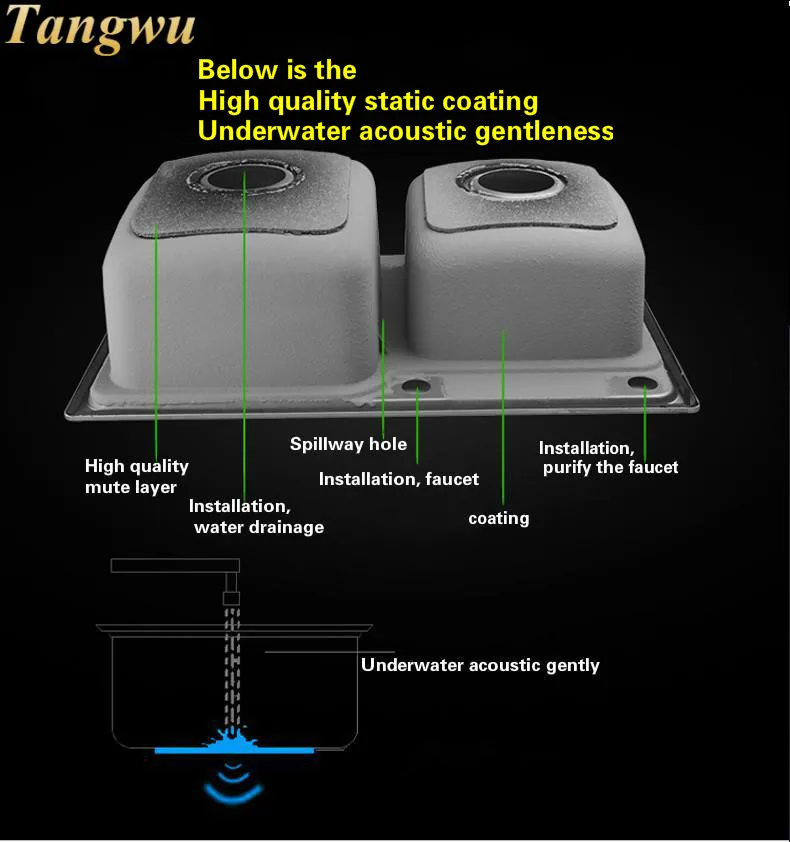 Tangwu Нержавеющая сталь двойной паз кухонная раковина утолщение и очистки кран 72x38/75x40/78x43/81x43x21 см