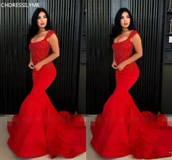 2019 красный спагетти на бретельках Вечерние платья Кружева с аппликацией и юбкой-годе элегантное женское вечернее платье Стиль стиле для