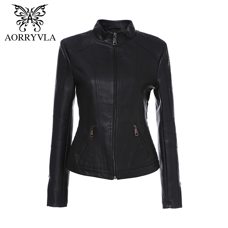 AORRYVLA 2018 New Autumn Leather Jacket Women Black Color Mandarin Collar Zippers Short Female Faux Leather Jackets High Quality