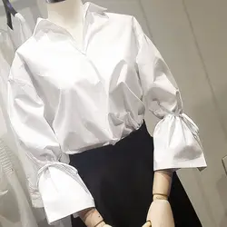 Kymakutu Кружево до белый Blusa feminina V Средства ухода за кожей шеи с расклешенными рукавами chemisier модные Универсальные осень Рубашки для мальчиков