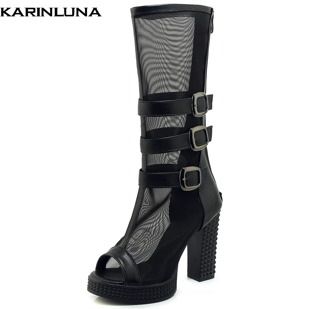 

Karinluna Plus size 33-43 buckles peep toe woman shoes chunky high heels air mesh summer boots zipper shoes woman boots