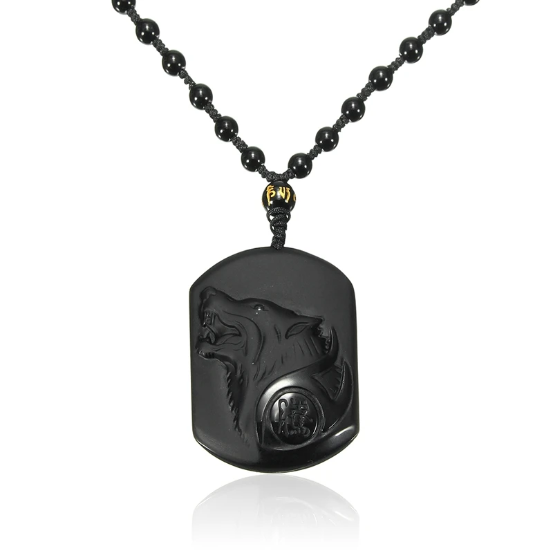 Beautiful Black Handwork Carved Natural Obsidian Wolf Head Pendant With Beads Necklace Gemstone 