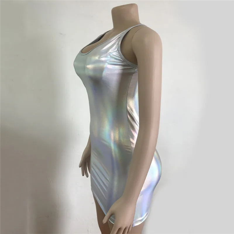 Bling Holographic Reflective Mini Dress Women Spaghetti Strap Silver Bodycon Dress Summer Party Vestidos Clubwear For Lady