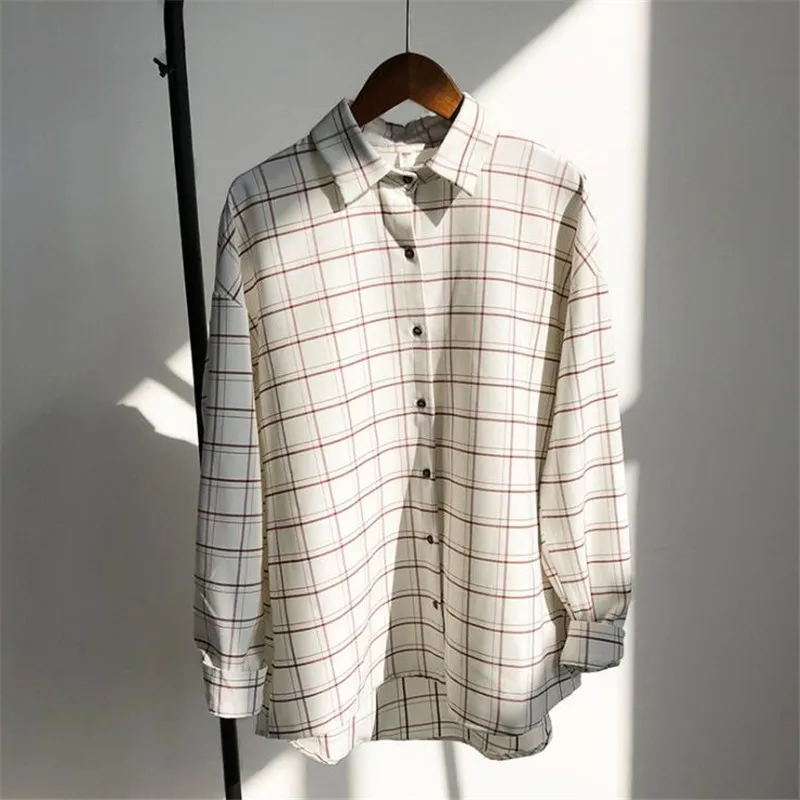  Loose cotton Checkered plaid College blouses shirt 2020 Cage female long sleeve Casual women Blouse