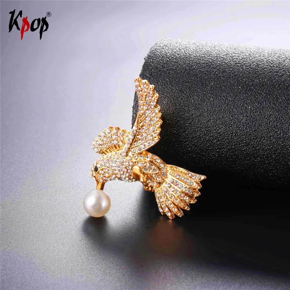 

Kpop Broochs Austrian Rhinestone Hummingbirds Flying Birds With Pearl Accessorie Gold Color Gift Pin Animal Jewelry Brooch B2721