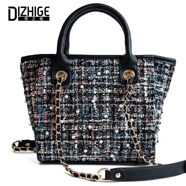 Best Price DIZHIGE Brand Fashion Shoulder Bag  Women Large Capacity Hand Bag For Women Chains Rivet Handbags Wool Pearl Shoulder Bag Female