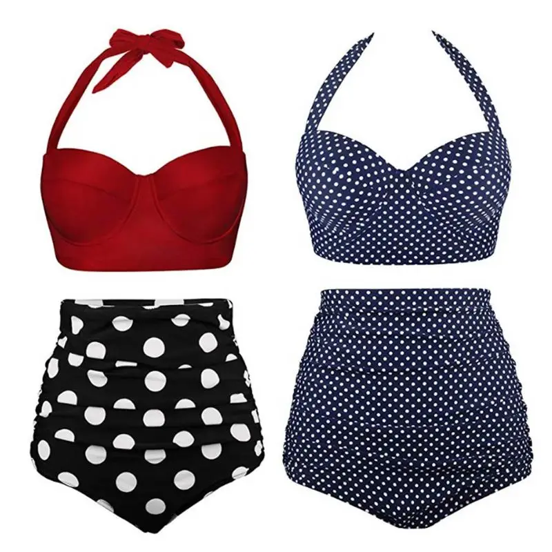 

Women Plus Size Two Piece Bikini Set Underwire Halter Crop Top High Waisted Tummy Control Vintage Polka Dot Thong Swimsuit M-3XL