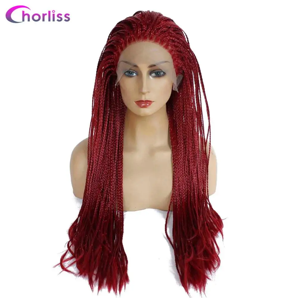 Long Braided Box Braids Wig Ombre Synthetic Lace Front Wig For Women Chorliss Hand Made Black Cosplay Wig Heat Resistant Wigs - Цвет: Burgundy