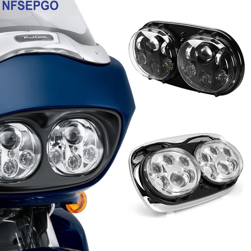 

Dual LED Moto Projector Headlight Bulb H4 high low beam Motorycycle Projector headlamp Assembly for Road Glide (Chrome/Silver)