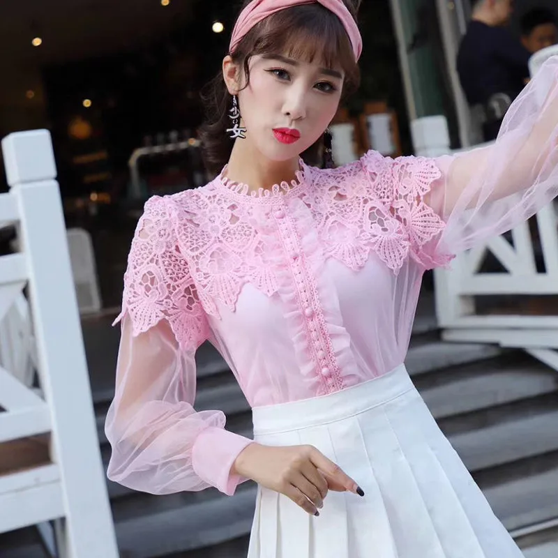 Two Piece Shirt +Tank Tops Women Hollow Out Mesh Blouse Sweet Floral Lace Shirts Female Lantern Sle
