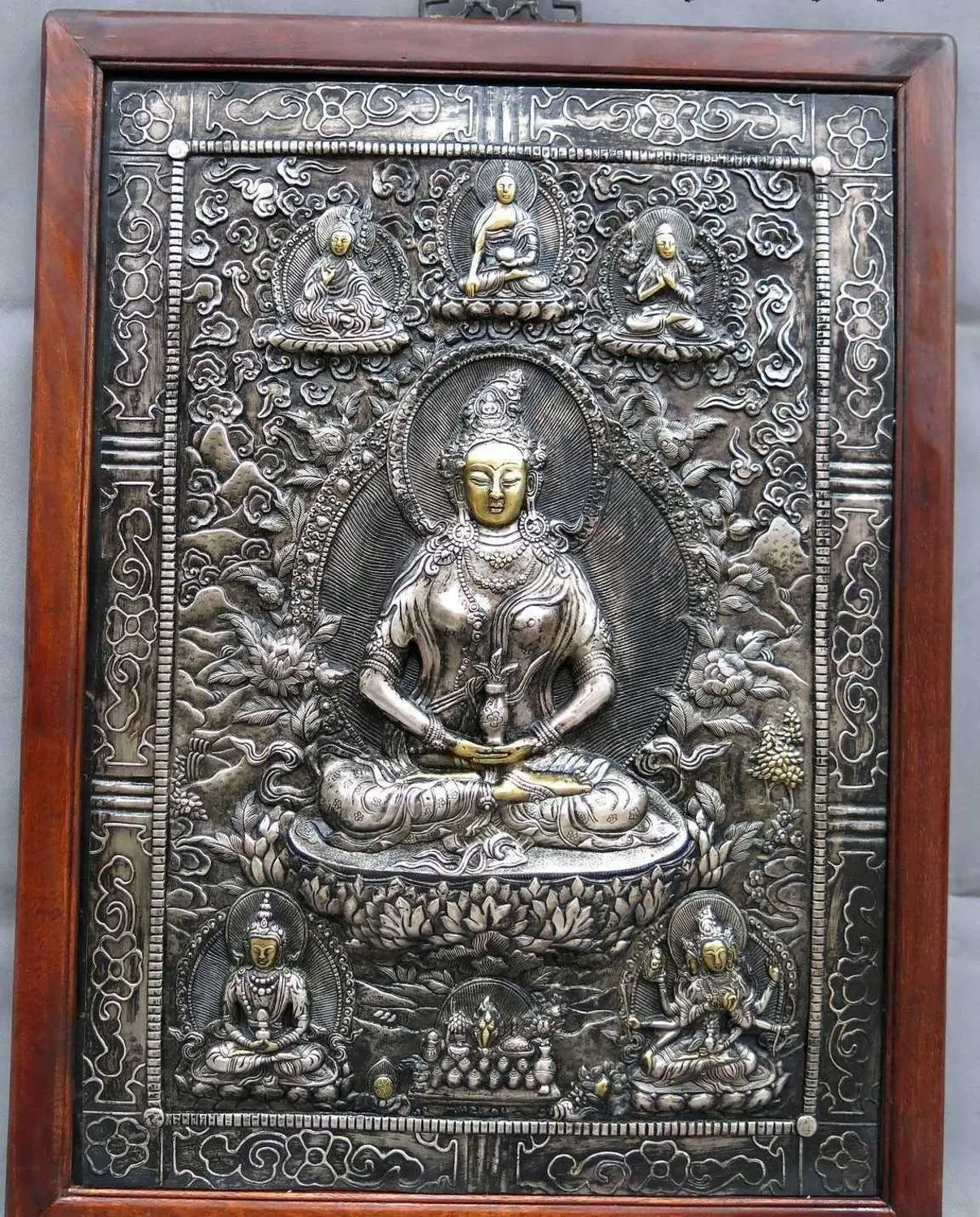 

30" Tibet handwork wood inlay silver gild copper five buddha Tara Thangka Statue