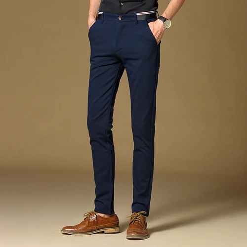Бизнес Для мужчин Повседневное эластичные Для Мужчин's Мотобрюки тонкий, корейский дизайн Для мужчин ноги костюм Штаны, простой Non-Iron против морщин Мотобрюки - Color: navy blue