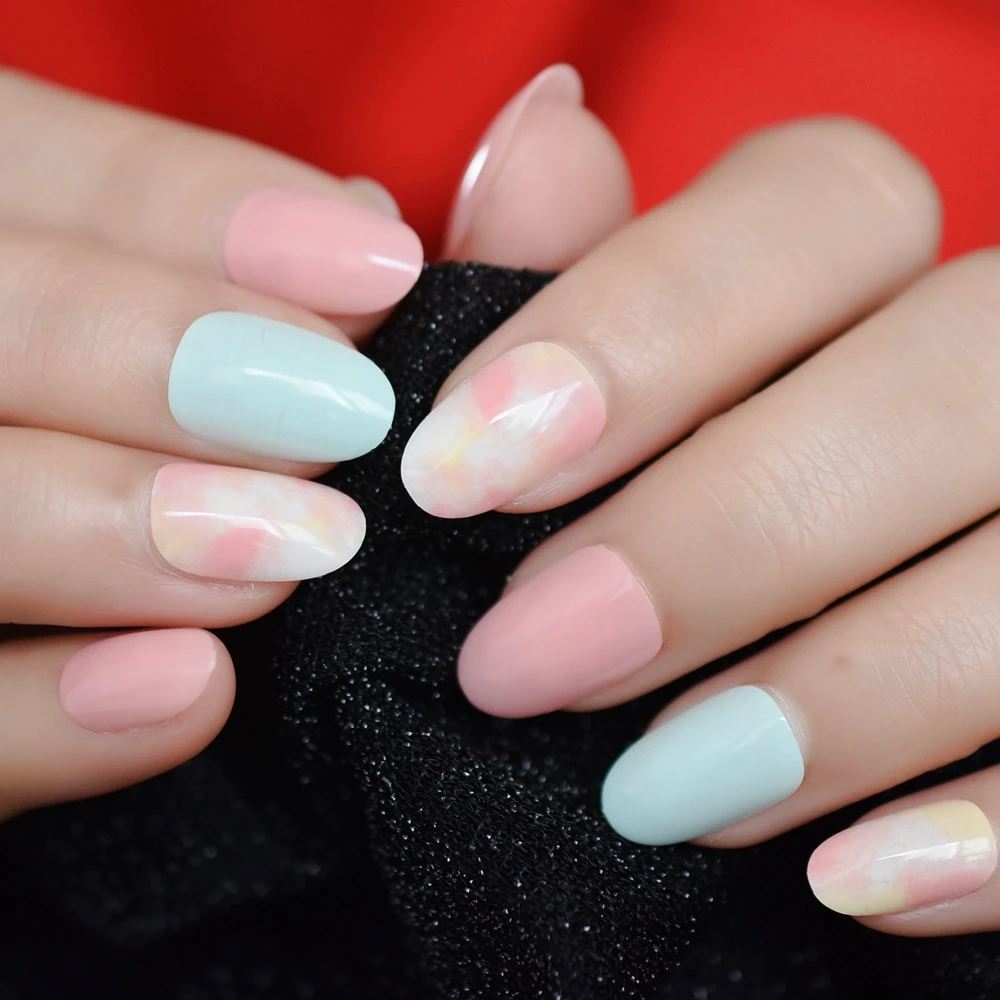 

Japanese Style Clouds Acrylic Nails Bright Multi-color Marble Flase Nails Soak In UV Gel Polish Nail 24 pcs kit