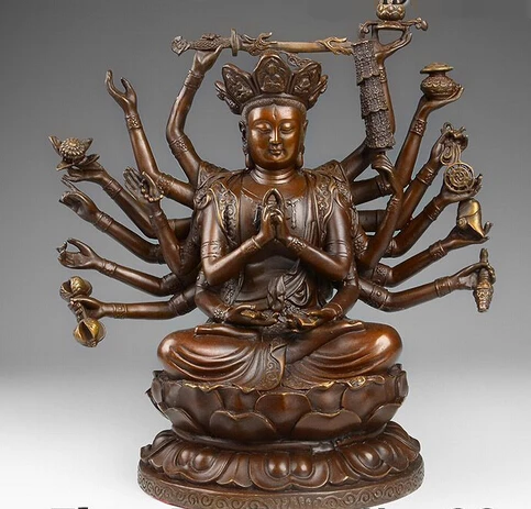 

bi003630 11" Chinese Pure Bronze 18 Arms Avalokiteshvara of Goddess Hold Faqi Statue