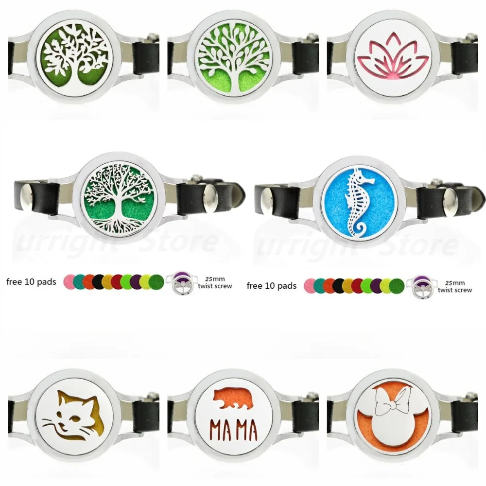 

Tree of life hippocampi mouse Essential Oil Diffuser Locket BraceletPu Leather twist screw 25mm locket for Women Aroma Bracelet