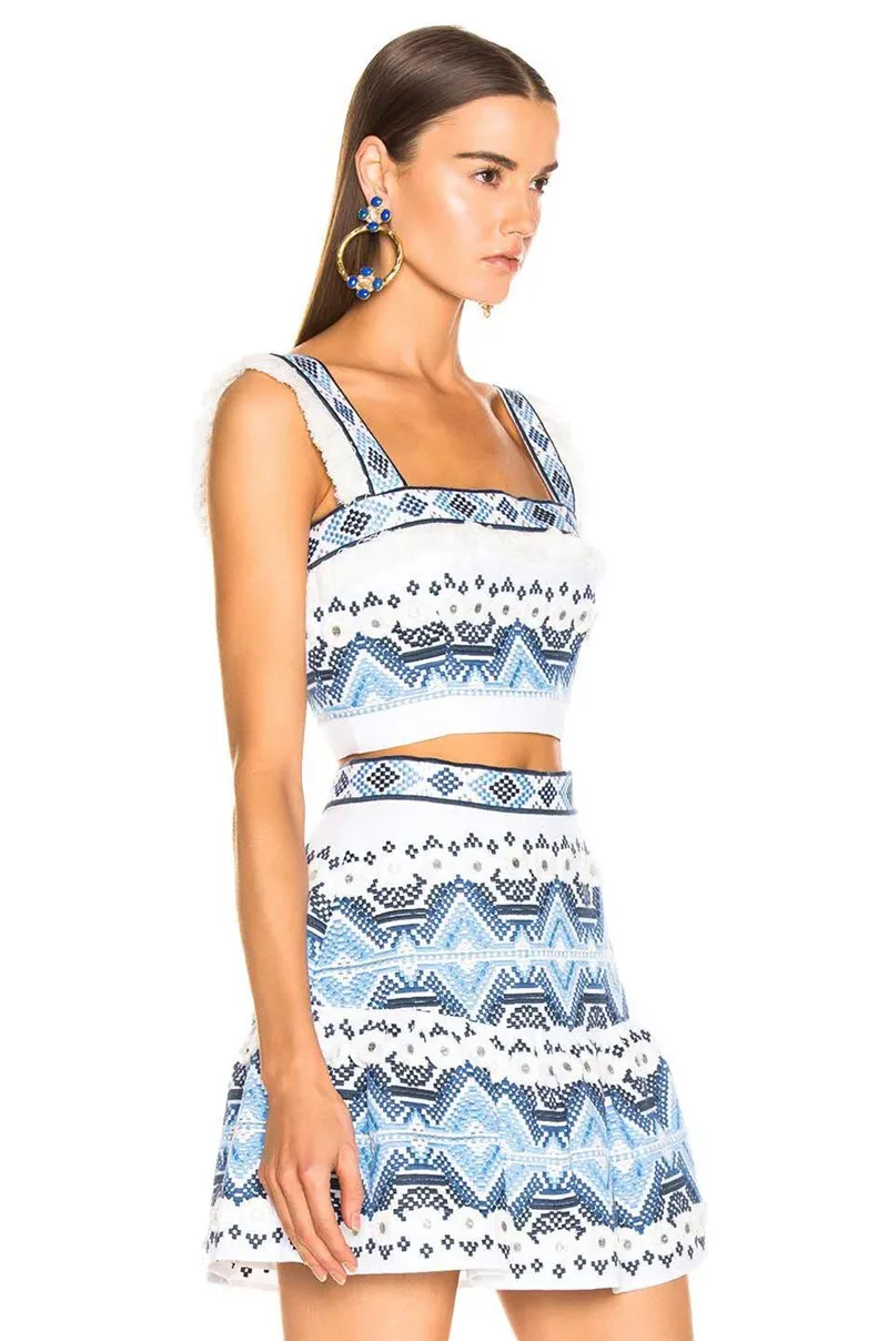 Runway Designer Floral Printed Two Piece Set 2019 Summer Sweet White Embroidery Patchwork Top Short 2 piece outfits women (6)