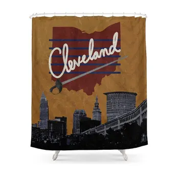 

Cleveland Poster Shower Curtain Set Waterproof Polyester Fabric Bath Curtain For Bathroom With Non-slip Floor Mat