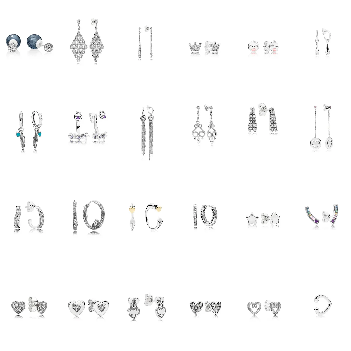 

24 Style 925 Sterling Silver Earrings Star Heart Feather Rainbow with Full Crystal Pendant Studs Earring for Women Jewelry