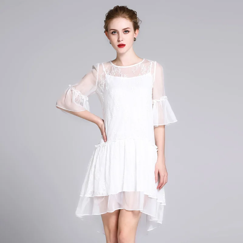 2018 White Party Dress Women Summer Dress New Silk Elegant O Neck Flare Sleeve Solid Embroidery