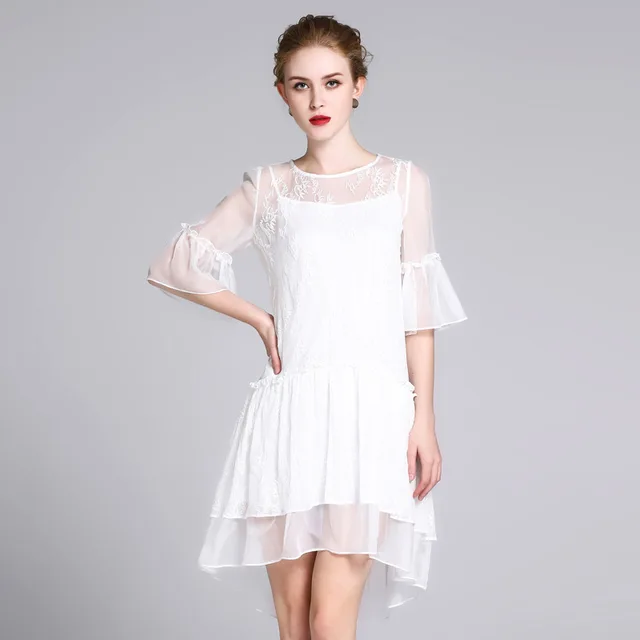 2018 White Party Dress Women Summer Dress New Silk Elegant O Neck Flare ...