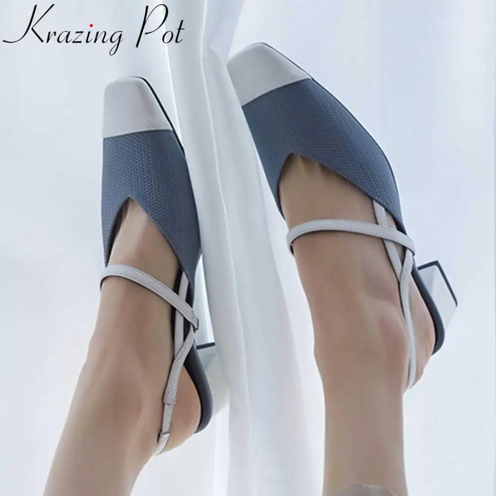 

Krazing pot new arrival mixed colors full grain leather slip on women sandals square toe slingback med heels dating shoes L01