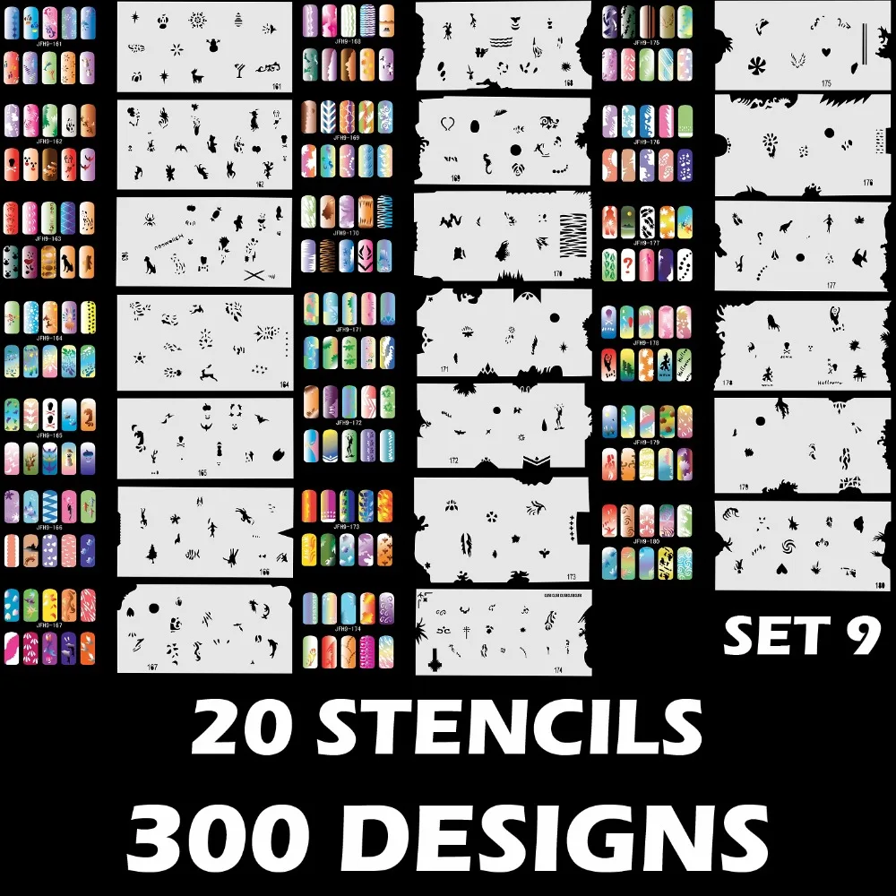 

Colopaint Custom Airbrush Nail Art Stencil Set 9 with 20 Stencil Template Design Sheets (300 Designs)