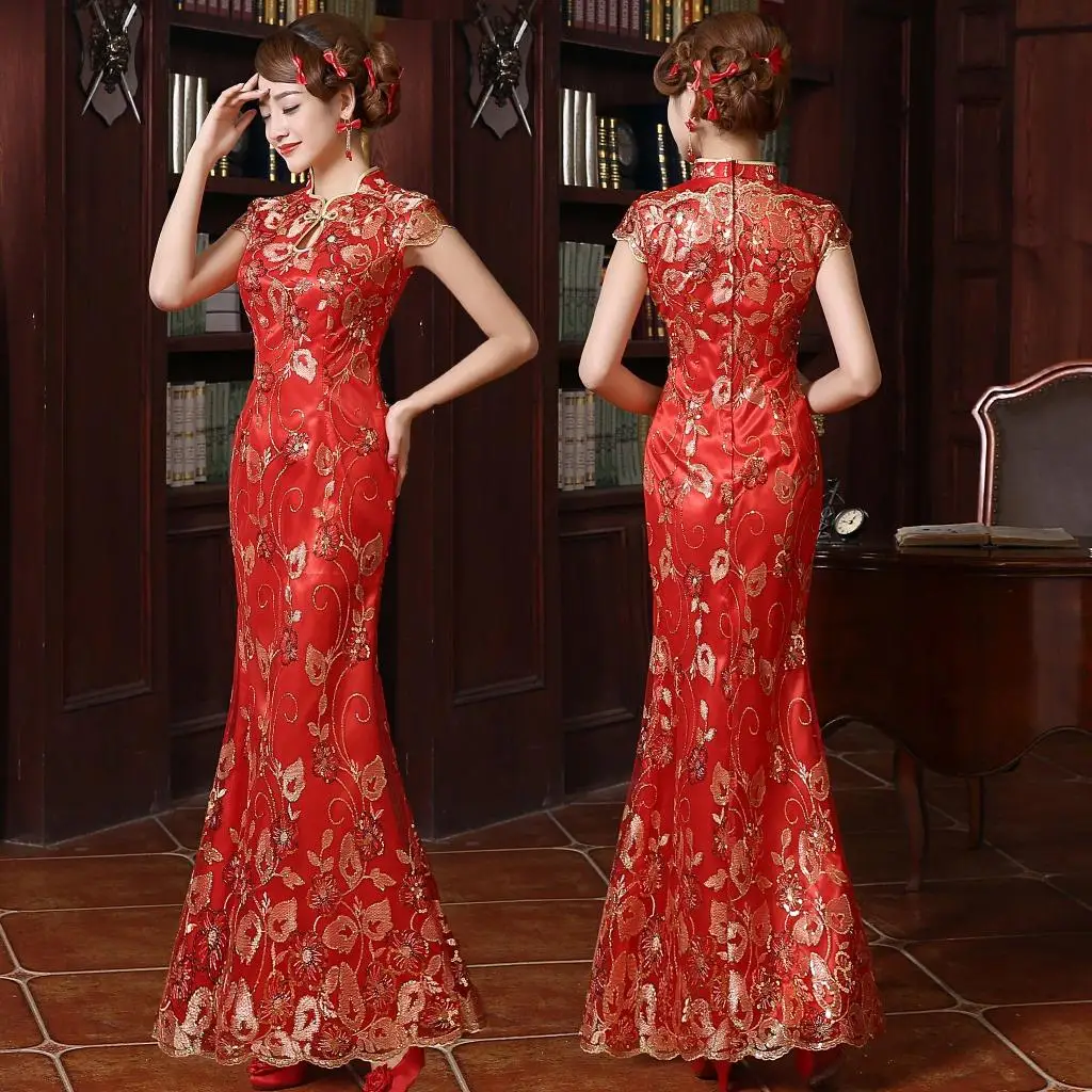 Красные и золотые свадебные вышитые бисером кружева qipao высокие дизайнерские