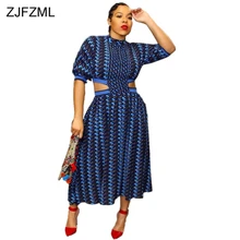 Элегантные платья с вырезами на талии весеннее платье трапециевидной формы с воротником-стойкой и рукавом до локтя винтажное синее платье макси с геометрическим принтом Vestido