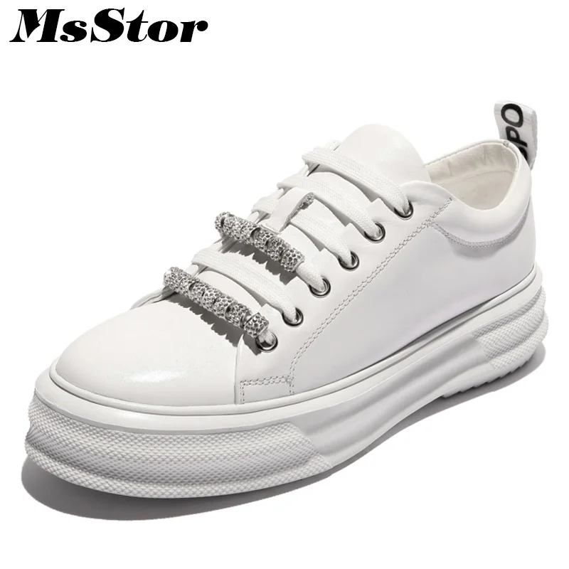 

MsStor Height Increased Black White Women Shoes Fashion Crystal Women Casual Flat Shoes Spring Thick Bottom Platform Women Flats