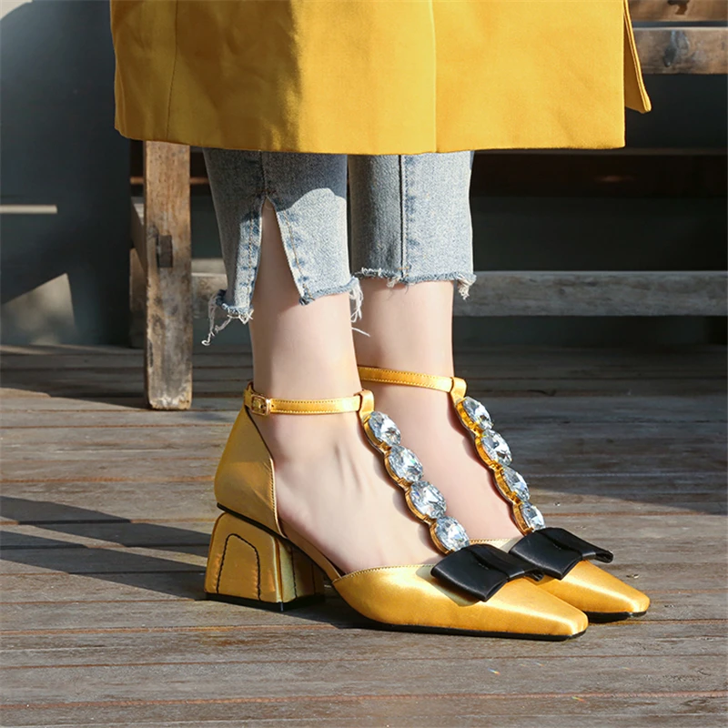 

Hanbaidi Spring summer satin silk ladies Pumps middle heels crystal bowties one strap dress shoes women yellow black rhinestone