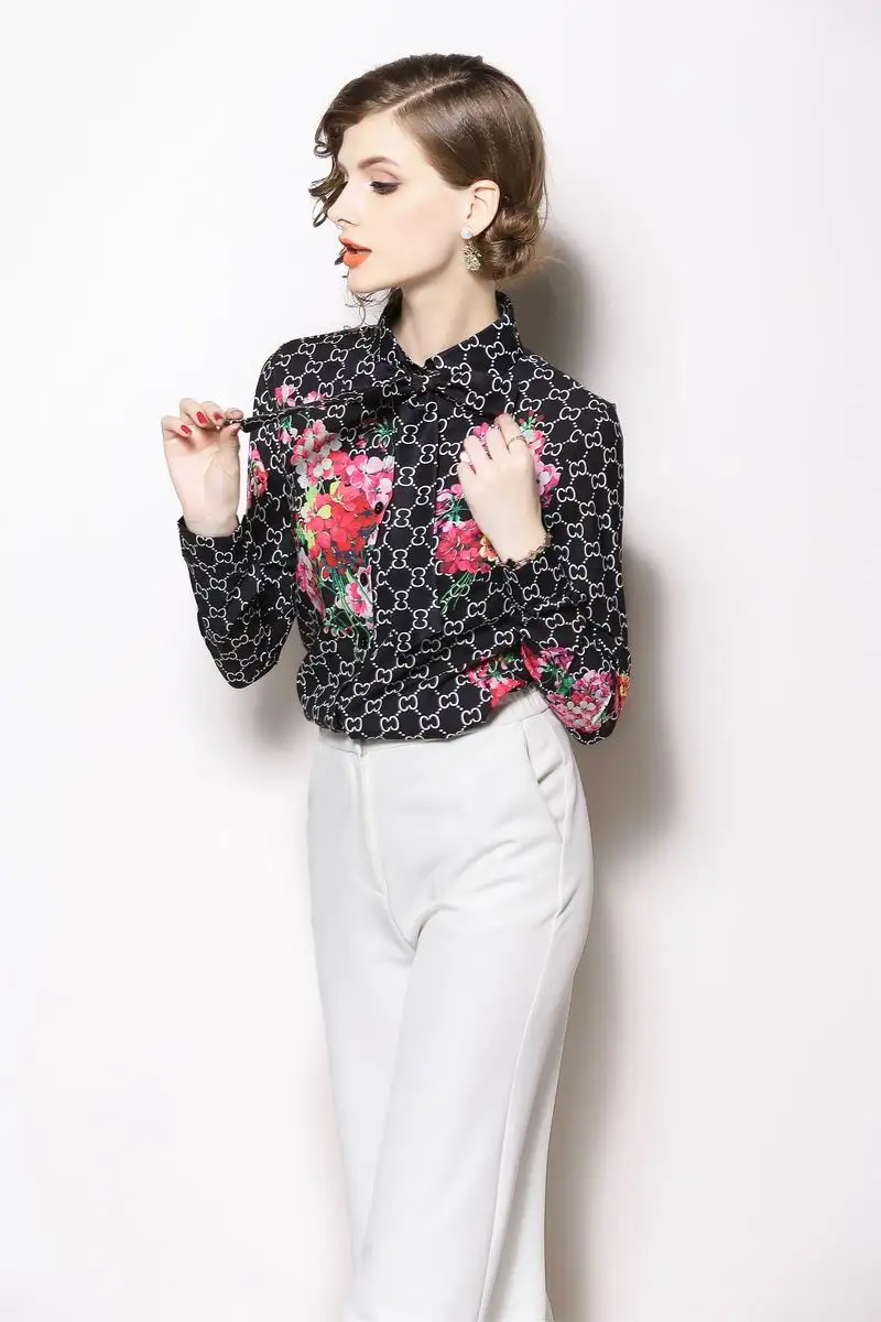 Elegant Office Lady Turn Down Collar Tied Neck Floral Geometric Printing Blouse Spring Women Button Loose Tops And Blouses