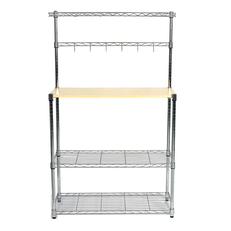 

Baker Rack 4 Tier Microwave Shelf Kitchen Storage Free Standing Workstation Wood & Chrome