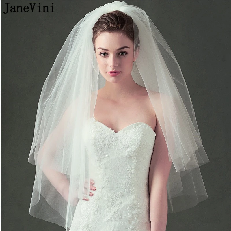 

JaneVini 2018 Simple White/Ivory Tulle Fluffy Two Layer Bridal Veil Cut Edge Elbow Length Short Wedding Accessories Korte Sluier