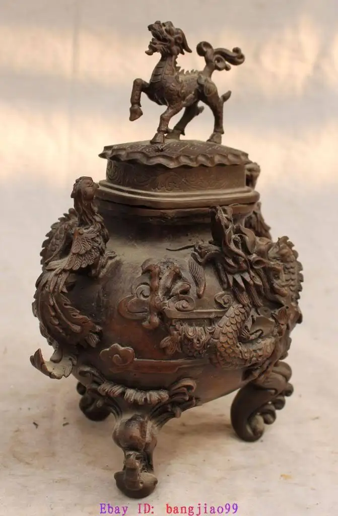 

Metal Crafts 10"Marked Chinese Bronze Dragon Phoenix Kylin Chi-lin Lion Incense Burner Censer fast SHIPPING