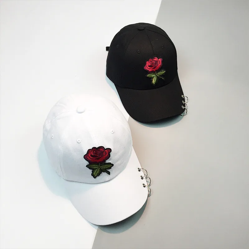 Fashion Rose Baseball Cap Iron Ring Snapback Caps For Women chapeau femme Hip Hop Cap Lady Vogue Sun Hats Adjustable 3Colors