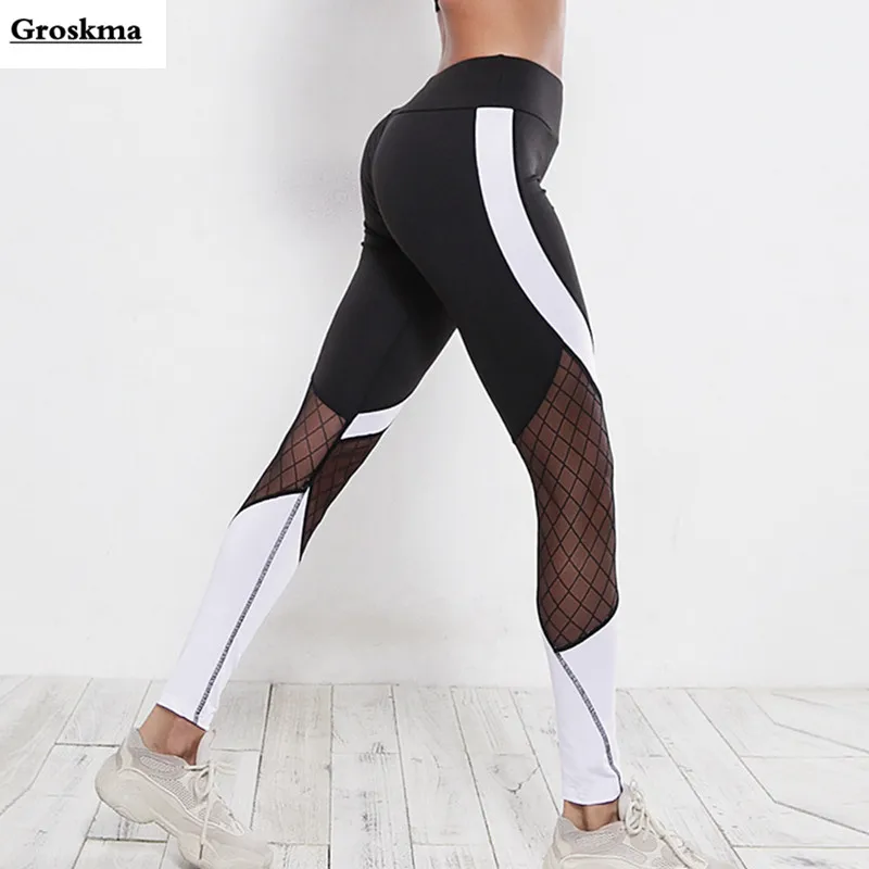 

High quality women yoga leggings sexy patchwork mesh jogging sports pants womens fitness gym trousers ropa deporte mujer