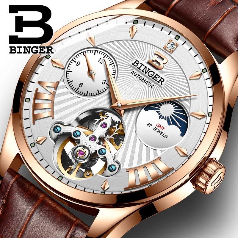 

Luxury Brand Men Switzerland Mechanical Watch Men Binger Role Watches Skeleton Sapphire Male's Waterproof Clock B-1186-6