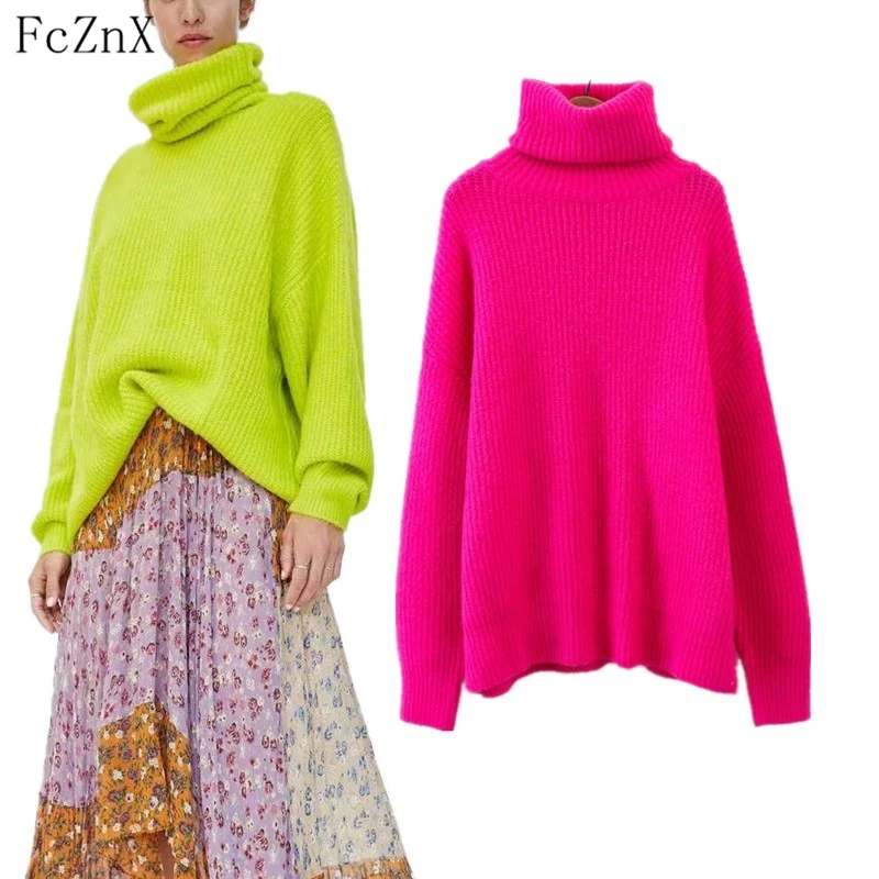 

Autumn winter 2018 women sweater pullovers knitted tops solid color turtleneck long sleeve loose female clothes casual jumpers