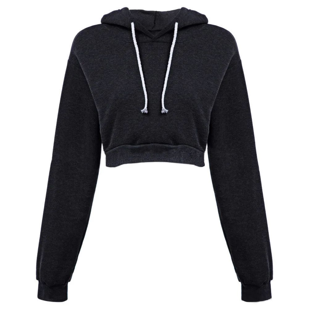 New Casual Gray Black Cropped Hoodies Pullovers Female Sweatshirt