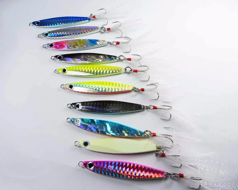 

10pc 30g 22g 17g 7g Deep Sea Fishing Lure Lead Casting Jig Lead Slice Fishing Lures Spinning Sweater Fishing Bait Treble hook