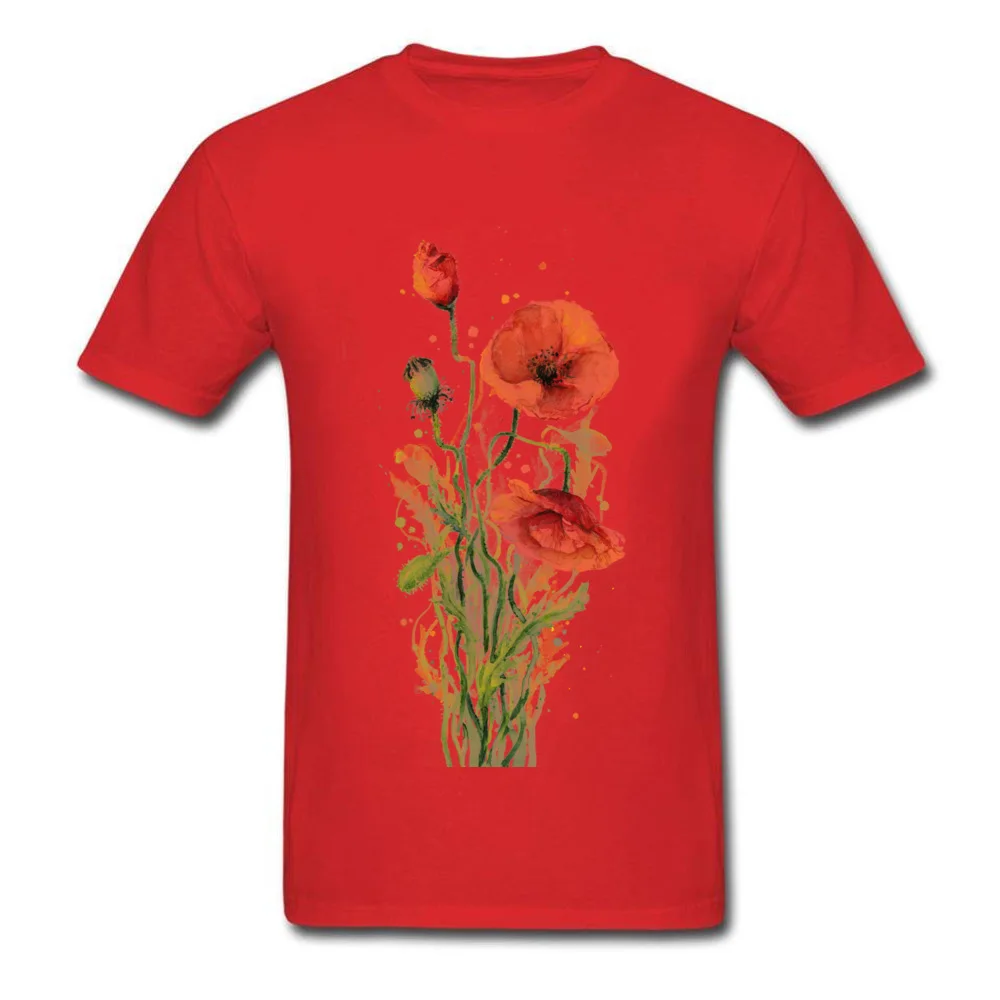 100% Cotton Young Short Sleeve Red Poppies Watercolor T-Shirt Summer Tops Shirt Plain Crazy Crew Neck Tee-Shirts Red Poppies Watercolor red