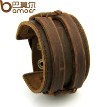 BAMOER Leather Cuff Double Wide Bracelet Rope Bangles Brown for Men Fashion Man Bracelet Unisex Jewelry Gift PI0296