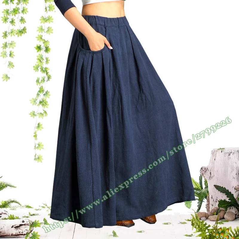 

2019 Plus Size 4XL 6XL 5XL XXXXXL Vintage Casual Black Cotton and Linen Streetwear Folds Female Long Maxi Skirts With Womens
