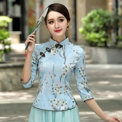 Sheng Coco 9 цветов китайские Топы Ципао Женская футболка Китай Mujer лето узор Cheongsam Китайская традиционная блуза одежда - Color: Cherryblossom yellow