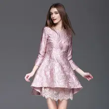 2017 New Arrival Brief Asymmetrical Three Quarter Lace Patchwork Spring font b Dresses b font Pink