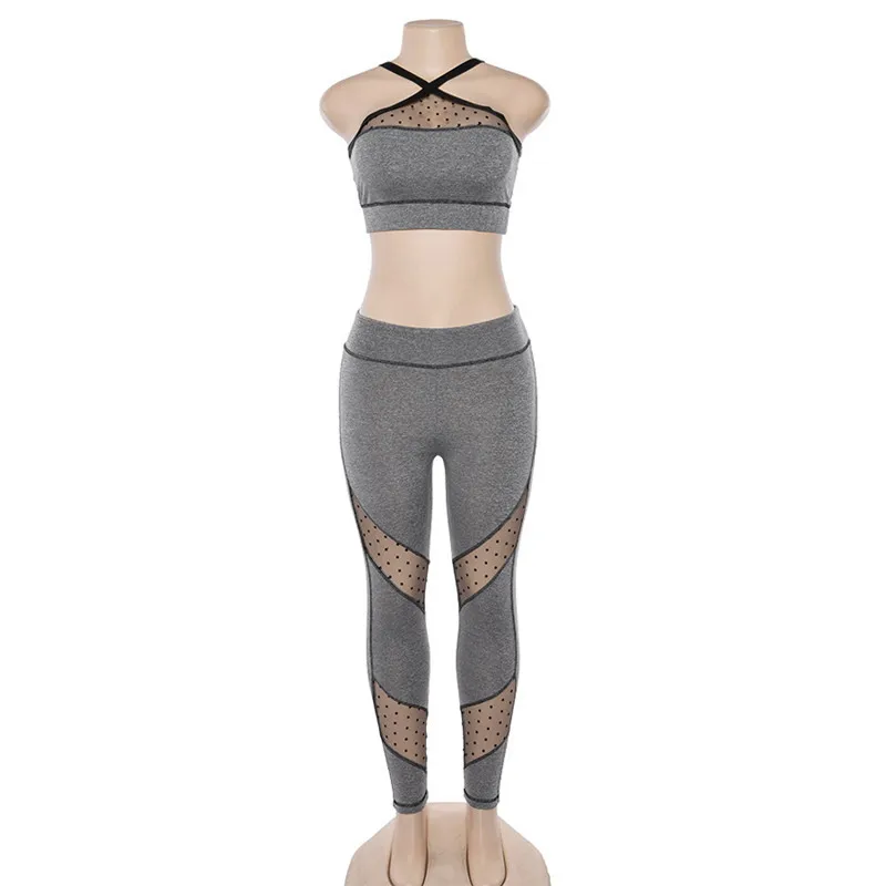 Fitness Women Yoga Set Ensemble Sport Suit Tracksuit Hollow Out Sexy Gym Wear Running Clothes Mesh Tank Top Leggings Sportswear
