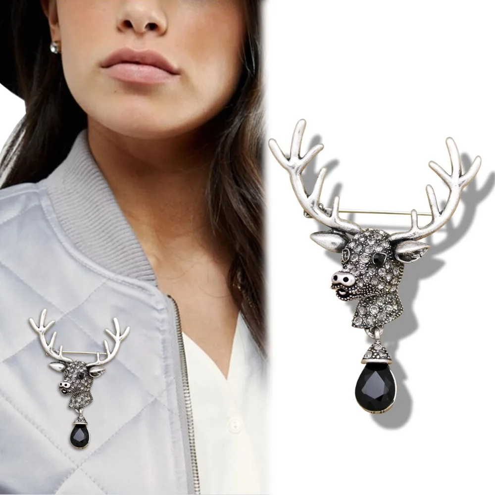 

Antique Stag Head Deer Antler Hunting Hat Elk Lapel Scarf Pin Badge Brooch Anime Jewelry Pins Stone Crystal Pendant Dropshipping