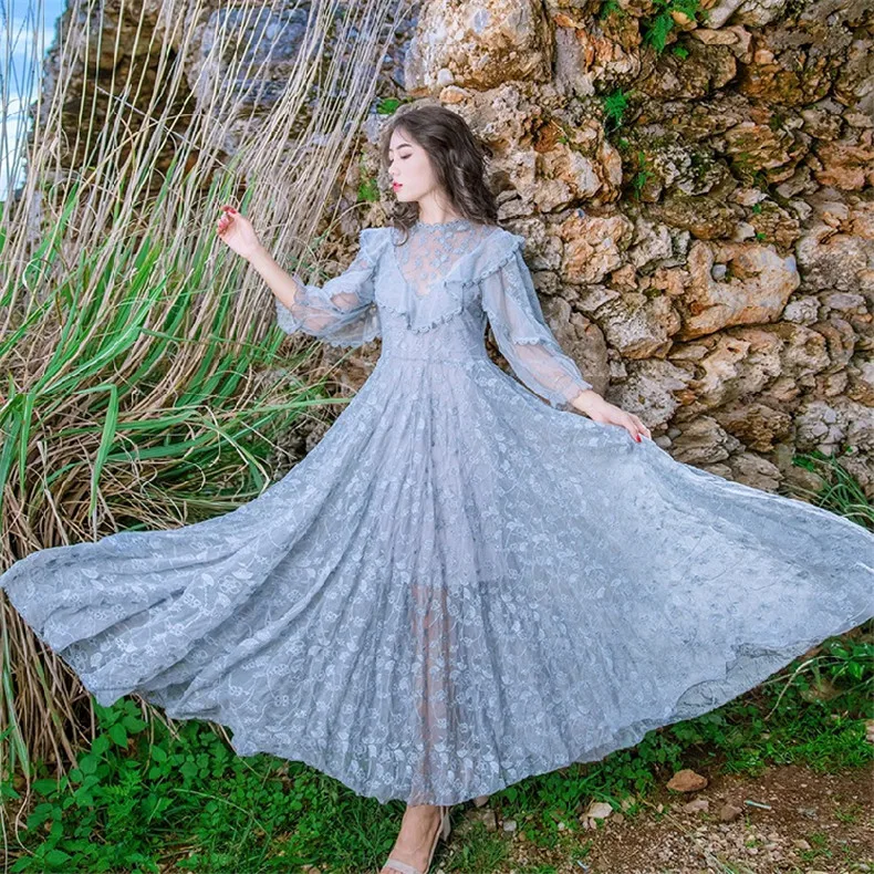 

New High Quality Explosions Leisure Elegant draped Dresses Women lace spring Casual Shirt Dress